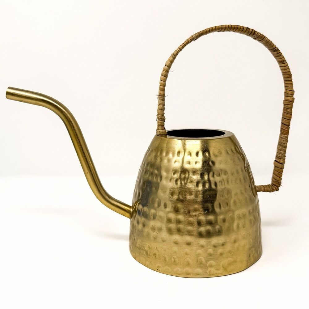Hammered Brass Watering Can Long Spout Rattan Handle MCM Boho Decor